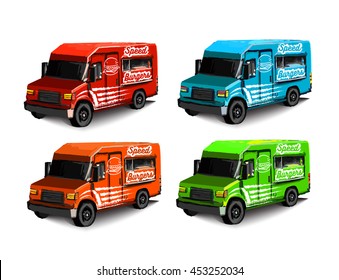 set of illustrations burgers food trucks suitable for use in the food industry in different colors: red, blue, orange, green