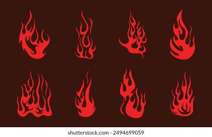 Set of illustrations of burning fire different shapes