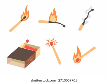 set of illustrations of Burning Matches. burning matches, smoking matchsticks, matchboxes and sparks.