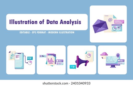 set of illustrations of business analysis data, financial databases, office financial presentations