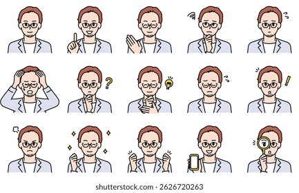 A set of illustrations of business casual men expressing their emotions through their facial expressions and poses.