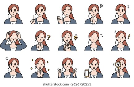 A set of illustrations of business casual women expressing their emotions through their facial expressions and poses.