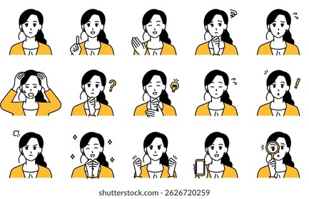 A set of illustrations of business casual women expressing their emotions through their facial expressions and poses.