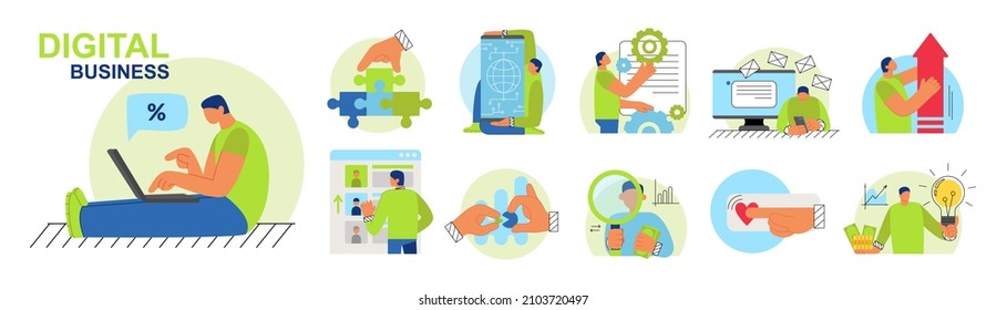 Conjunto de ilustraciones del concepto de negocio. Colección de escenas con la participación de un hombre en eventos de negocios. Ilustración plana del vector