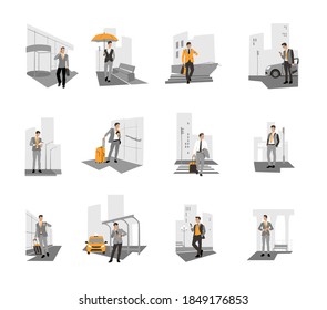 A set of illustrations with a business man with an umbrella and a briefcase in different places of the city: near the airport, near a taxi, at the train and bus station, near the car. Vector.