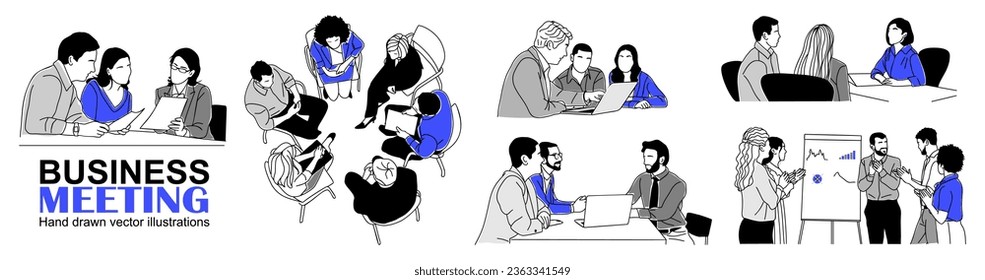 Set of illustrations of business men and women working together, meeting with clients, talking, discussing. Vector simple outline drawing for graphic and web design isolated on white background.