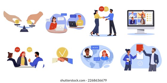 Set of illustrations of business negotiations. Entrepreneurs make agreements, express opposing opinions, argue and compromise. Solving problems and disagreements. Cartoon flat vector collection