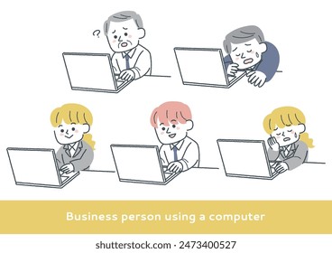 Set of illustrations of business people at a computer