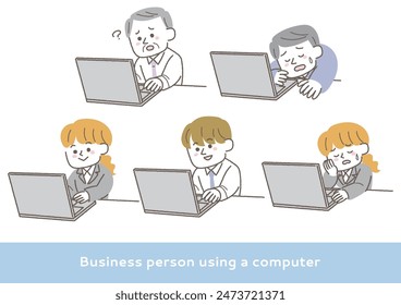 Set of illustrations of business people at a computer