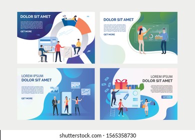 Set of illustrations of business people using technologies. Gadget, statistics, commerce. Flat vector. Business consulting concept for banner, website design or landing web page