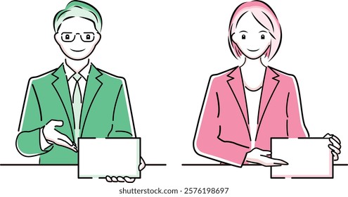 Set of illustrations of a businessman and a businesswoman explaining on a tablet computer