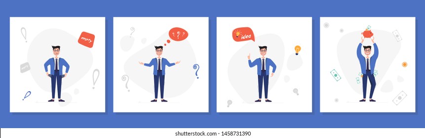 Set of illustrations of a businessman with an empty pocket, at a loss, with an idea, with money. Saving and investing money concept. Vector illustration on white background