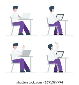 Set of illustrations of businessman working at the table with laptop. issues solving, idea, and process at work