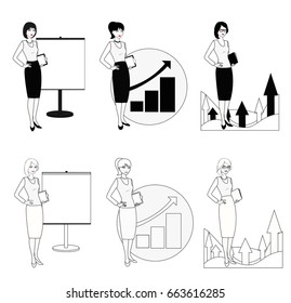Set of illustrations of a businesswoman in a black-white version. Specialist in public relations, skilled office employees, qualified PR managers on the white background. Square location. Vector.