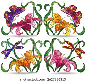 A set of illustrations with butterflies, dragonflies and lily flowers, compositions isolated on a white background