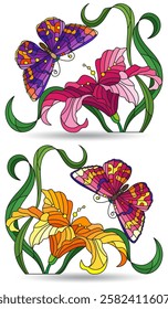 A set of illustrations with butterflies and lily flowers, compositions isolated on a white background