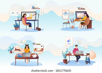 Set of illustrations by modern designers. Remote work as a graphic illustrator, remote work at home. Young girls and a guy draw on large screens of graphic tablets.