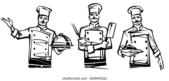 A set of illustrations by professional chefs on the belt. Hand drawn illustration.