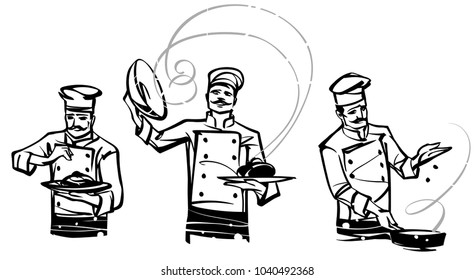 A set of illustrations by professional chefs on the belt. Hand drawn illustration.