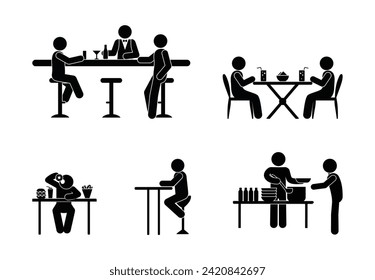 conjunto de ilustraciones de cafe, bar, gente comiendo en restaurante, icono del hombre con figura de palo