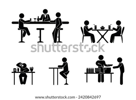set of illustrations of cafe, bar, people eating in restaurant, stick figure man icon