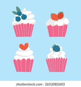  Um conjunto de ilustrações de bolos com bagas e coração em estilo bonito desenhado