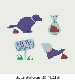 Conjunto de ilustraciones que llaman a limpiar después de tu mascota. Cachorros de perro, un pie sobre una caca, una bolsa de basura. El cartel dice por favor, limpien a su perro.