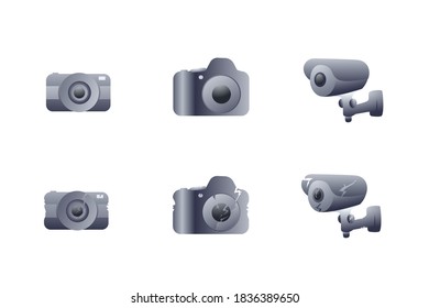 Set of illustrations of the camera on a white background. DSLR and surveillance camera for the street and offices. Repair of broken old cameras.