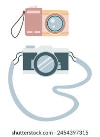 Set of illustrations of a camera on a white background. Equipment for traveling around the world. Hand drawn. Colorful flat vector illustration
