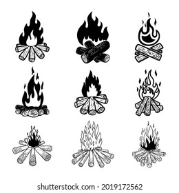 Set von Illustrationen des Lagerfeuers. Design-Element für Logo, Label, Zeichen, Poster. Vektorgrafik