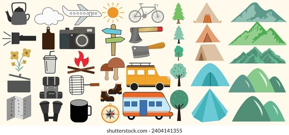 Set of illustrations of camping, outdoors and travel stock Outdoor hand-drawn line illustration vector design