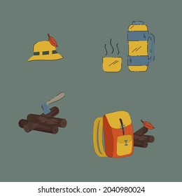 A set of Illustrations for Camping and traveling. The concept of a mobile home of life in nature. Cartoon collection of Camping items. Firewood with an axe, a panama hat, a backpack, a thermos