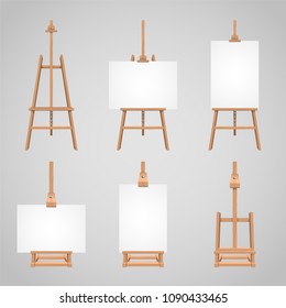 Set illustrations of canvases standing on wooden easels