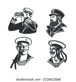 Set of illustrations of captains and sailors. Design elements. Black and white vector illustrations.