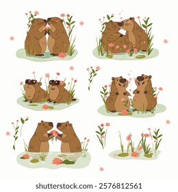 set of illustrations of capybaras in love, together happy, they laugh, kiss, eat together. Cartoon style