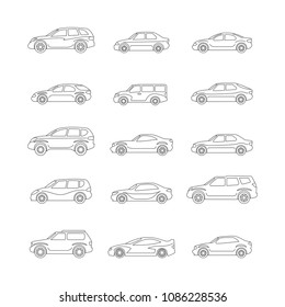 Set of illustrations of cars of various types of body. Sedan, wagon, minivan, sports car, SUV, family car. Silhouette in the style of a thin line.