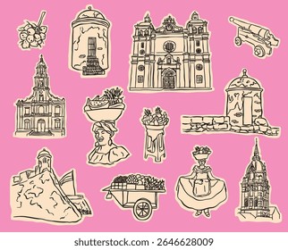 Conjunto de ilustrações de Cartagena de Índias em rabiscar ou esboço-estilo arte linha. Inclui elementos icônicos da cidade. Ideal para projetos de turismo, publicações, lembranças, papelaria ou cultura colombiana