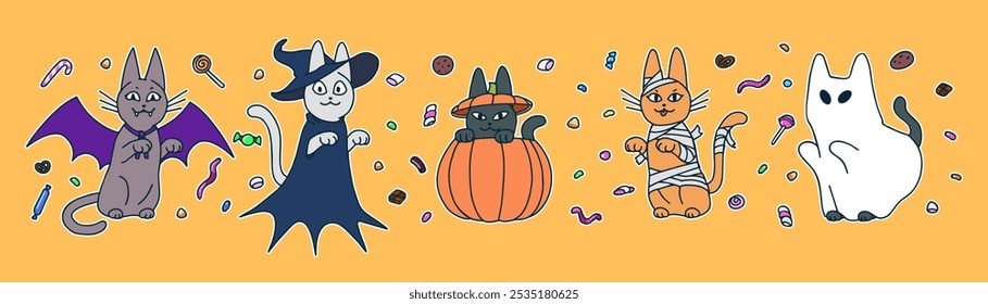 Conjunto de ilustraciones de gatos de dibujos animados en disfraces de halloween con dulces alrededor. Ilustración vectorial plana sobre fondo naranja