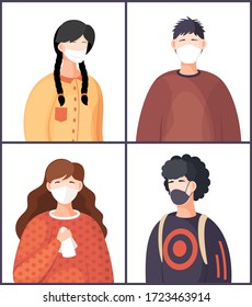 Set of illustrations with cartoon characters wearing face respiratory masks. Concept of world epidemic. Woman and men wearing medical masks at white background. Flat vector with cartoon characters