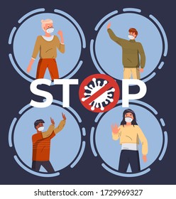 Set of illustrations with cartoon characters wearing face medical masks. Concept of world epidemic. Woman and men wearing medical masks gesturing stop sign of spreading virus. Flat style illustration