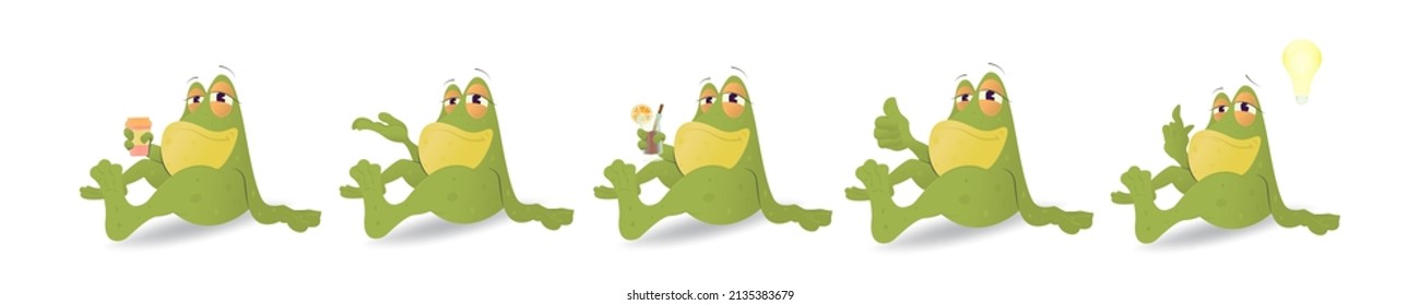 A set of illustrations of a cartoon frog in different poses. The frog sits on the floor. Concept for postcards or stickers. Vector stock illustration. Isolated white background.