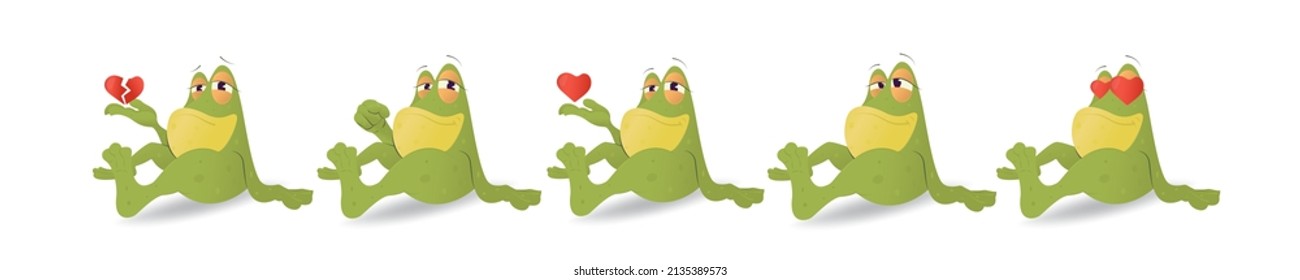 A set of illustrations of a cartoon frog in love in different poses.The frog is sitting on the floor.The concept of postcards for Valentine's day.Vector stock illustration.Isolated white background.
