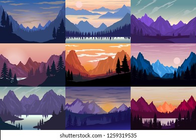Set of illustrations of cartoon mountain landscapes. Design element for poster, card, banner, flyer. Vector illustration 