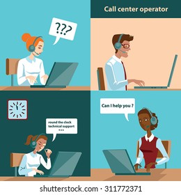 Set Of Illustrations In Cartoon Style , Call Center Operators