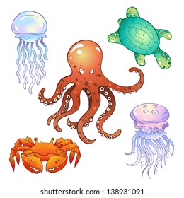 Set of illustrations in a cartoon style: marine inhabitants