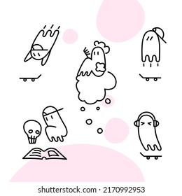 Set of illustrations of cartoonish cute ghost with his day routine