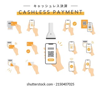 The set of illustrations of cashless payment, smart phone and credit card.
Japanese means the same as English title.
This illustration is also related to online, IC card, QR code, barcode, hand, etc.