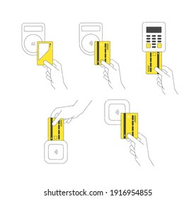 Un conjunto de ilustraciones para pagos sin efectivo utilizando tarjetas de crédito.