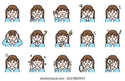 A set of illustrations of casual elementary school girls expressing emotions through their facial expressions and poses.