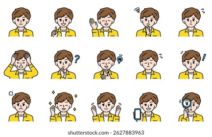 A set of illustrations of casual elementary school boys expressing emotions through their facial expressions and poses.